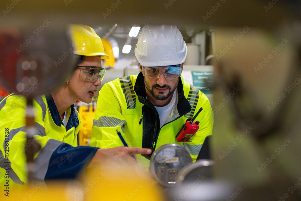 Fototapeta premium Engineers inspect a chiller and refrigerant system, focusing on HVAC efficiency and modern technology in a production facility.