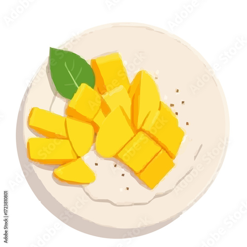 Flat 2D illustration of mango sticky rice dessert, sliced mango with glutinous rice and coconut milk on a plate, cute vector style, white background.