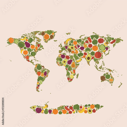 World map made of fruits and vegetables, representing healthy eating worldwide.