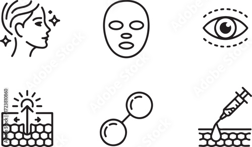 A clean minimalist line art illustration set of icons for cosmetology, dermatology, and aesthetic procedures like skin rejuvenation and anti-aging injections