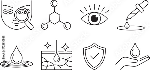 A clean minimalist line art illustration set of skincare and cosmetology icons representing concepts like hydration, scientific ingredients, and skin protection