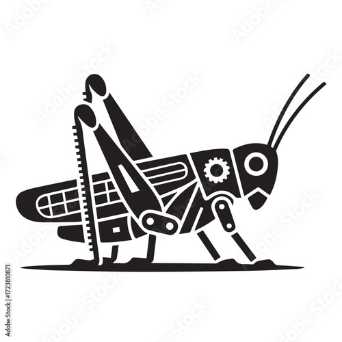 Stylized black silhouette of a grasshopper with intricate mechanical details, isolated on white background