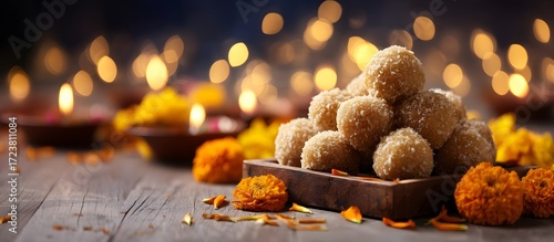 A wooden plate holds a stack of laddu sweets, surrounded by marigold flowers and oil lamps. The background features soft bokeh lights, creating a festive atmosphere for Dussehra and Diwali.