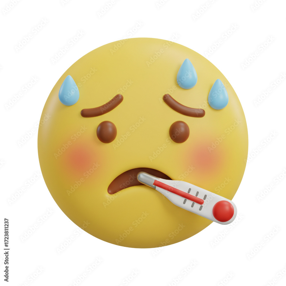 Fototapeta premium Sick face emoji with thermometer and fever