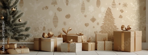 Elegant Holiday Gifts Arranged Under a Decorated Christmas Tree in a Cozy Set...