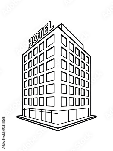 Modern hotel building illustration with clear signage