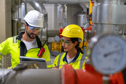 Fotografi Two workers in reflective clothing inspect a compressor and valve system, focusing on cooling efficiency in a manufacturing plant