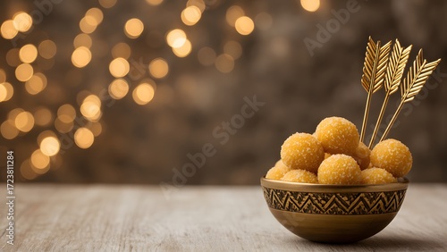 A bowl of golden laddu sweets decorated with golden arrow picks. The background features soft bokeh lights, creating a festive atmosphere for Dussehra and Diwali celebrations in India.