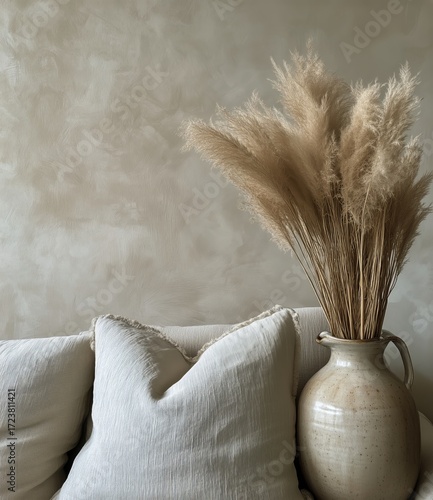 Elegant White Sofa With Decorative Vase and Pampas Grass in a Cozy Living Roo...