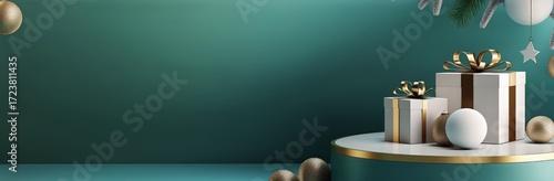 Elegant Holiday Gift Display With Decorations on a Festive Green Background