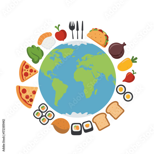World cuisine vector illustration with earth globe and international food icons.