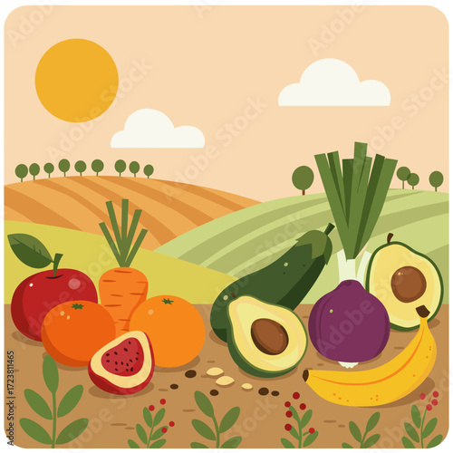 Fresh fruits and vegetables on a farm with rolling hills and a bright sun.