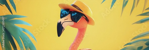 Flamingo in Sunglasses and Straw Hat Enjoying a Sunny Tropical Day Surrounded...