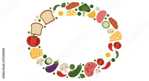 Food frame with bread, cheese, tomato, salami, mushroom, broccoli and zucchini.