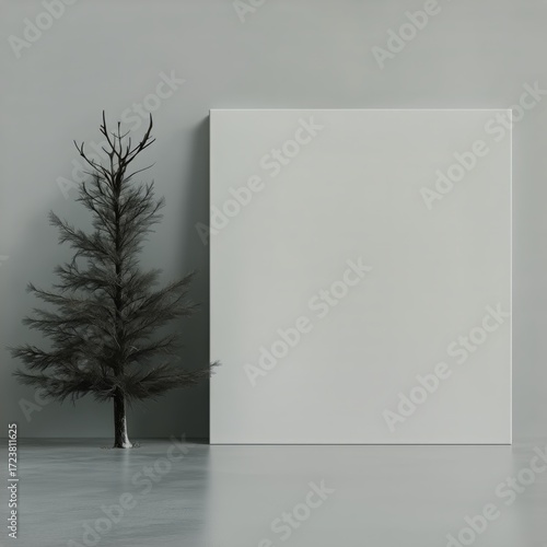 Empty White Canvas Beside a Leafless Tree in a Modern, Minimalist Interior Space