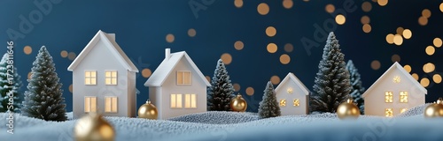 Winter Village Scene With Snow-Covered Houses and Decorated Trees at Night.