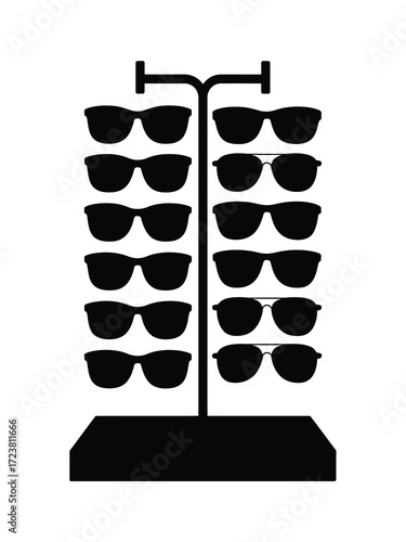 Black silhouette of sunglasses display stand with multiple pairs