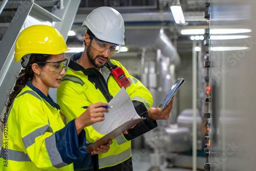 A manager and worker discuss HVAC inspection, ensuring efficiency and safety in a modern manufacturing facility.
