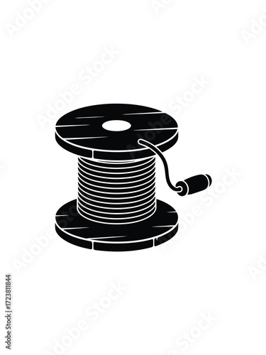 Black and white illustration of a wire spool with a crank handle