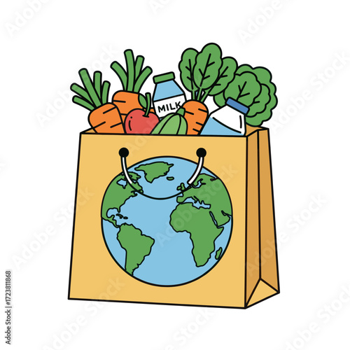 Paper bag with earth globe and fresh produce. Healthy and sustainable lifestyle.