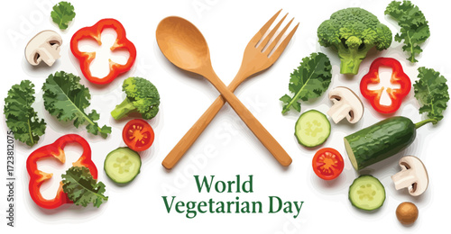 Vector art of fresh vegetables with wooden spoon and fork for World Vegetarian Day