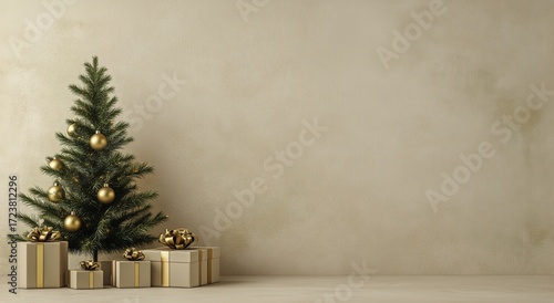 Beautifully Decorated Christmas Tree With Gold Ornaments and Gifts on a Neutr...