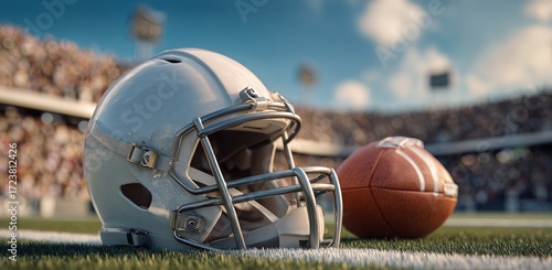 Football Helmet and Ball on Wet Field During Evening Game.