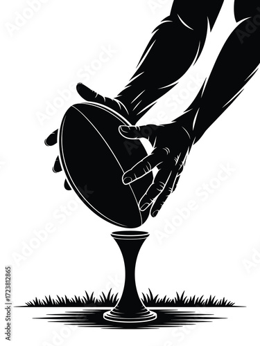 Close up of hands placing american football on a tee for a kick