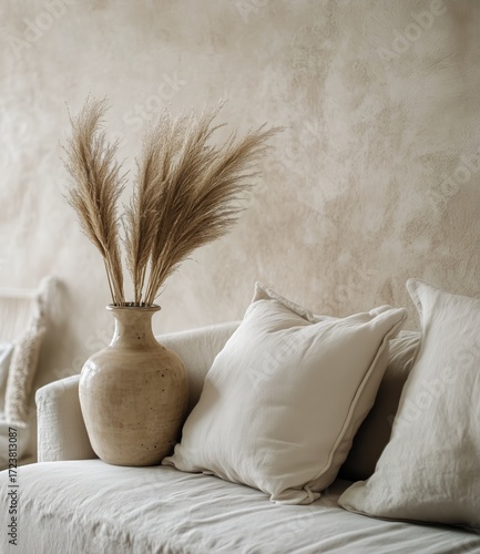 Elegant White Sofa With Decorative Vase and Pampas Grass in a Cozy Living Roo...
