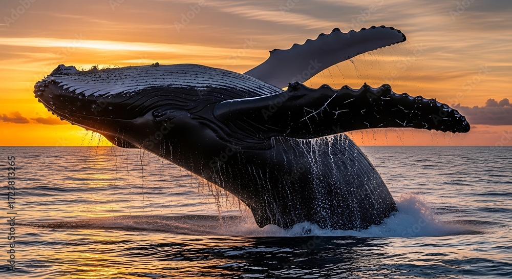 Fototapeta premium Whale breaching at sunset.