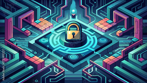 cyber-maze-with-glowing-lock-at-the-center-