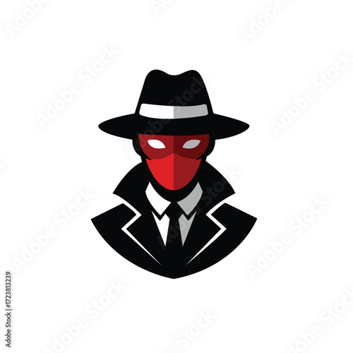 Vector Illustration of Mysterious Man in Suit, Hat, and Red Mask – Secret Agent, Spy, or Mafia Logo Design