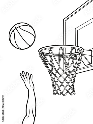 Basketball player shoots ball towards hoop in a line drawing