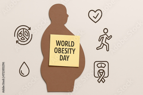 World obesity day poster with paper cut silhouette of overweight person and health icons encouraging awareness and active lifestyle