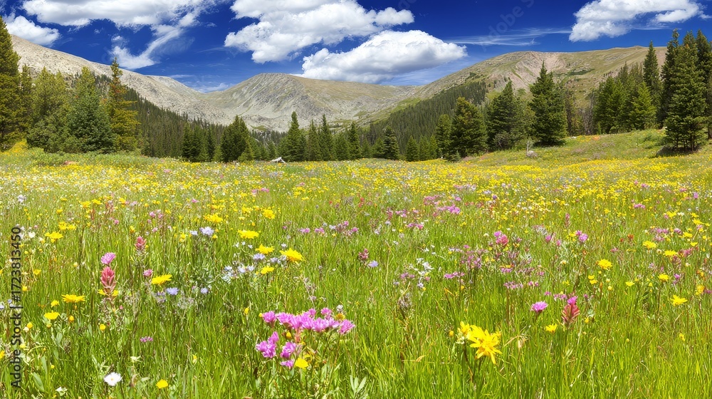 Fototapeta premium Wide meadow filled with colorful wildflowers under bright summer sky with mountain peaks in background, scenic outdoor lifestyle nature scene
