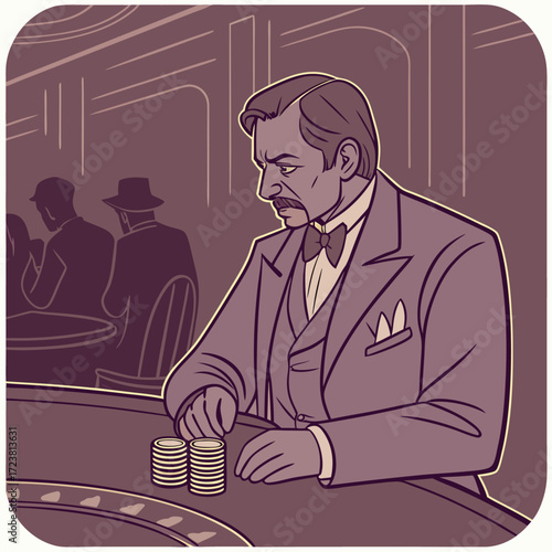 Vector illustration of a vintage styled casino player in suit sitting at table with poker chips perfect for gambling and retro themes