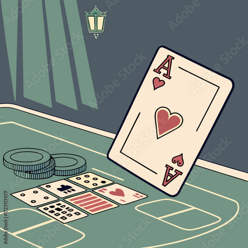 Vector illustration of ace of hearts card with poker chips and game table design perfect for casino and gambling themes