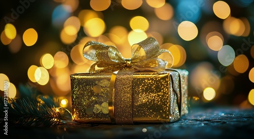 Sparkling Golden Gift Box Surrounded by Festive Lights and Greenery at a Holi...