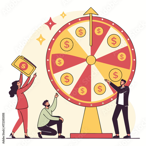 Vector illustration of people spinning a big prize wheel with dollar signs celebrating money winnings perfect for casino lottery and gambling themes