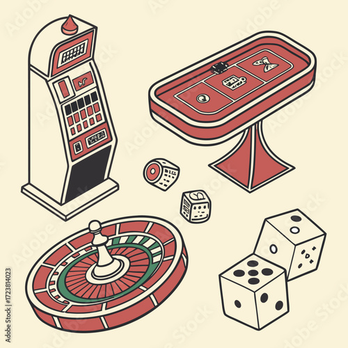 Vector illustration of casino elements including roulette wheel slot machine craps table and dice representing gambling entertainment and chance