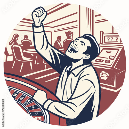 Vector illustration of a man celebrating victory at the roulette table in a casino with slot machines and poker players in the background
