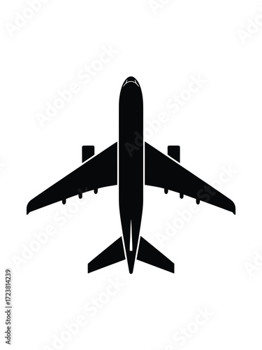 Black silhouette of a modern passenger jet airplane from above