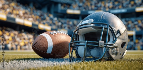 Football Helmet and Ball on Wet Field During Evening Game
