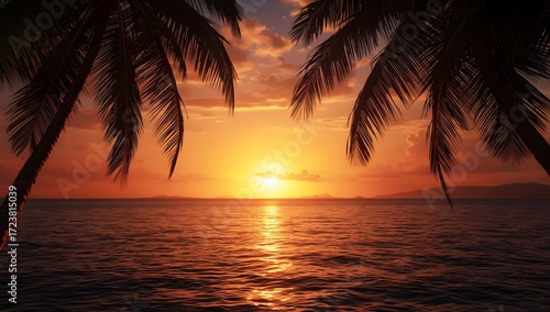 Tranquil Tropical Sunset with Palm Tree Silhouettes