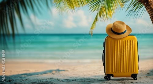 Relaxing Beach Scene With Yellow Suitcase and Straw Hat Under Palm Tree