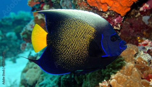 Fototapeta Naklejka Na Ścianę i Meble -  Black and yellow angelfish in coral reef
