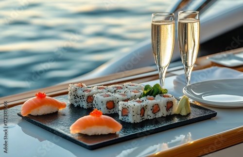 Enjoying Fresh Sushi and Sparkling Drinks on a Boat at Sunset by the Calm Sea