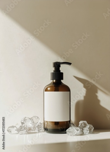 Stylish Brown Glass Bottle With Pump and Crystals on Shelf in Natural Light