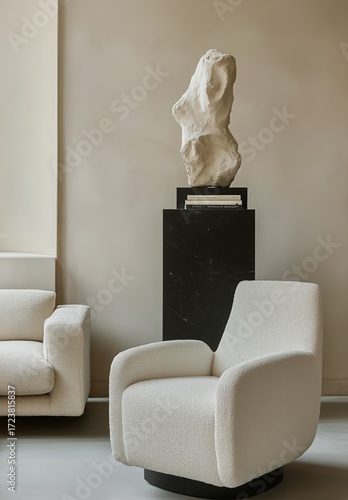 Elegant Living Room Showcasing Modern Furniture and a Unique Sculpture in Min...