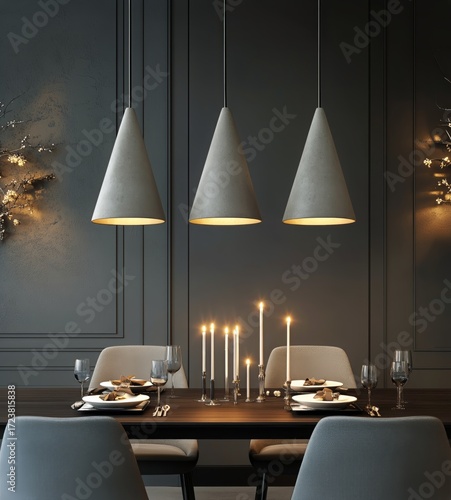 Elegant Dining Room With Modern Light Fixtures and Candlelit Table Setting fo...